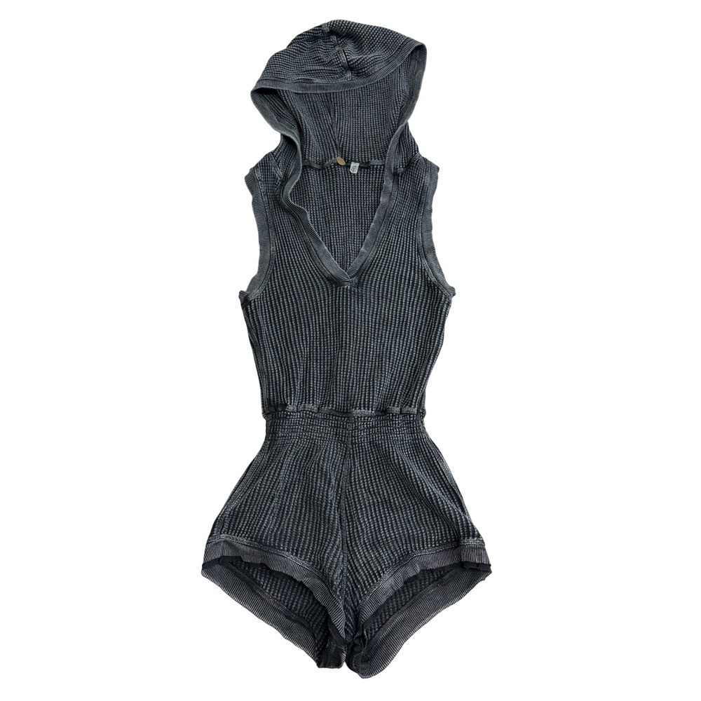 FP One Free People Waffle Knit Hooded Romper Charcoal Gray Acid Wash XS
